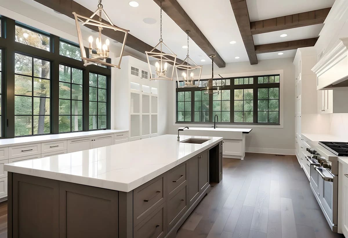 Modern kitchen with dark lower cabinets and light uppers