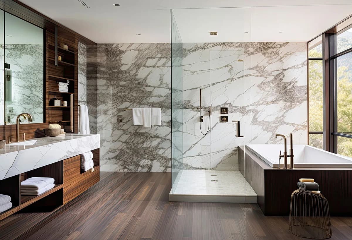Kitchen with white cabinets and marble-look countertops