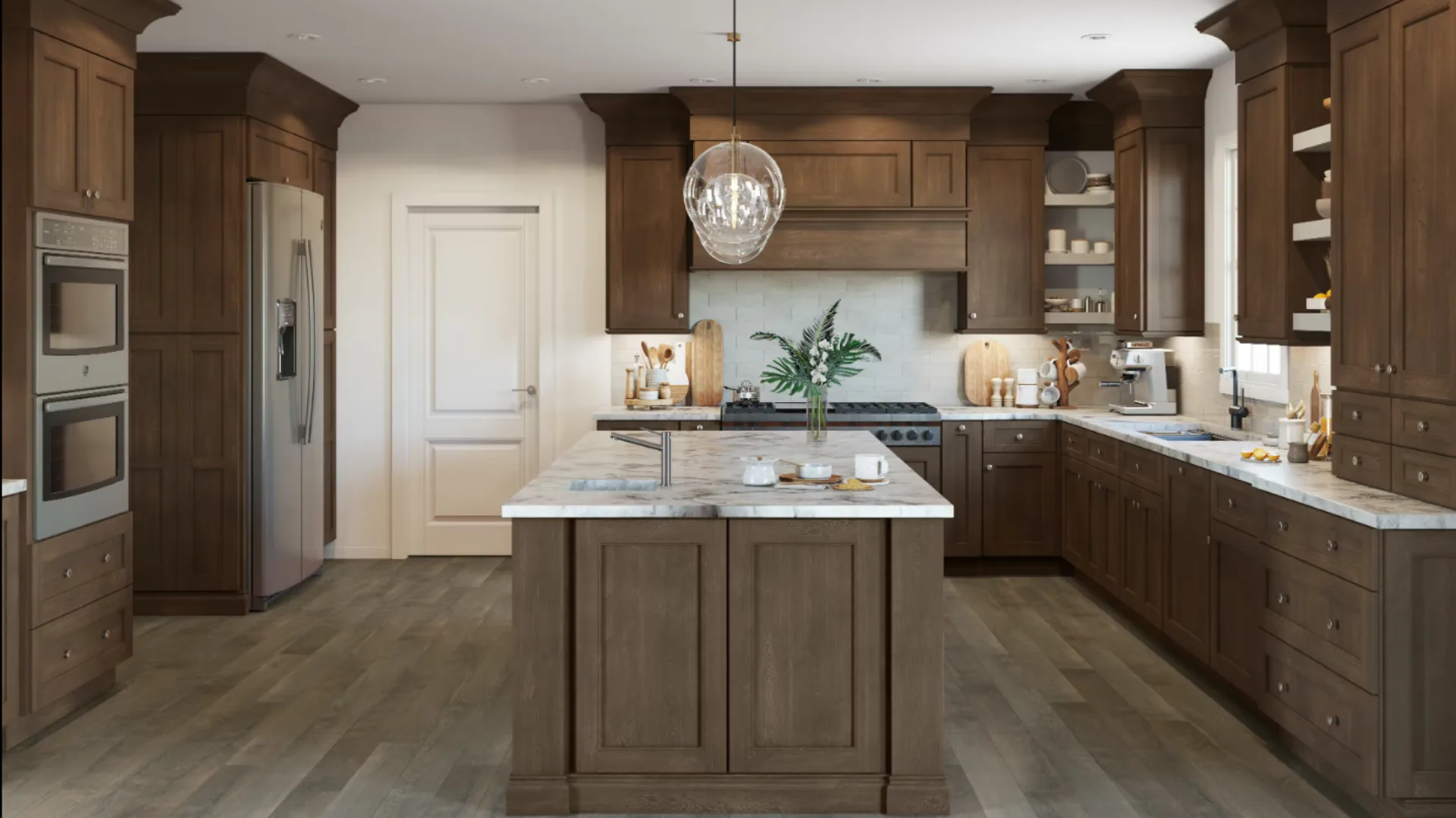 Kitchen with dark wood cabinets and quartz island