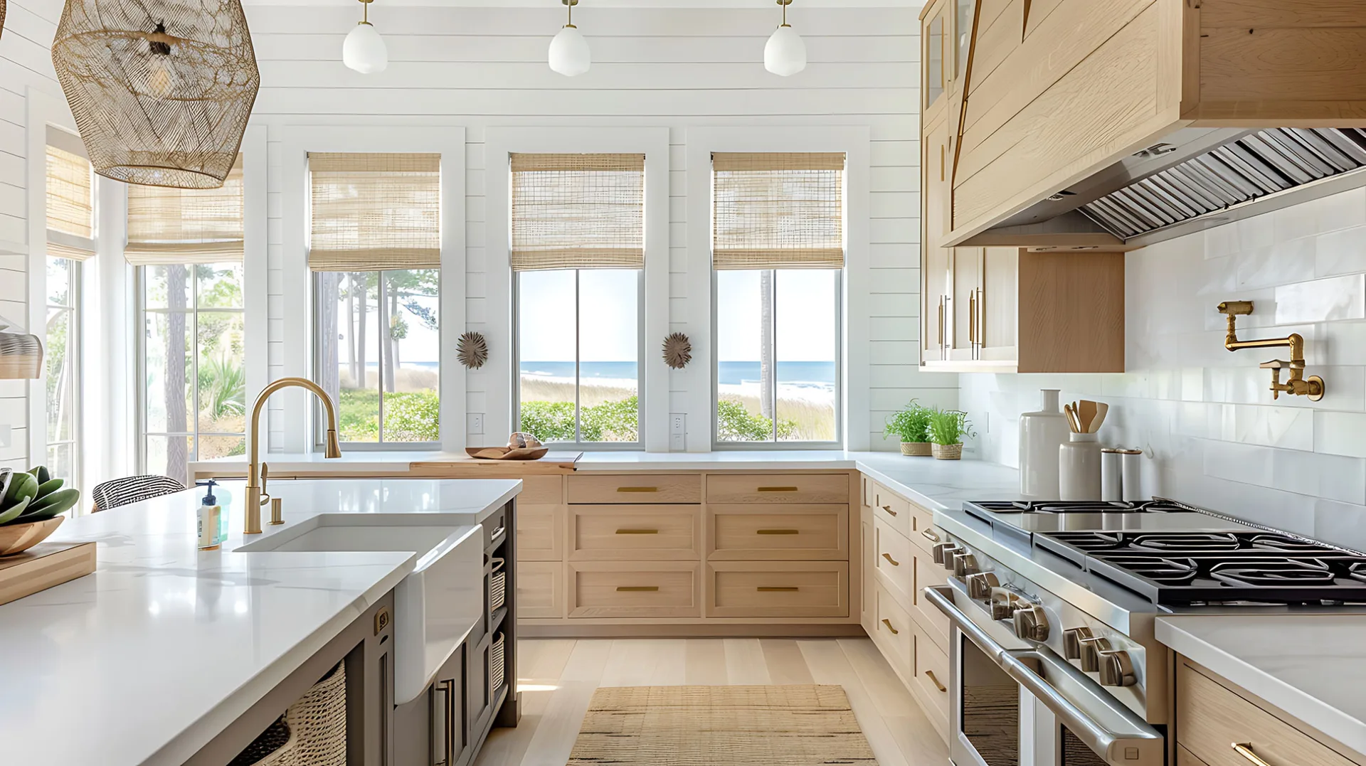 Bright kitchen with light oak cabinets and white quartz countertops