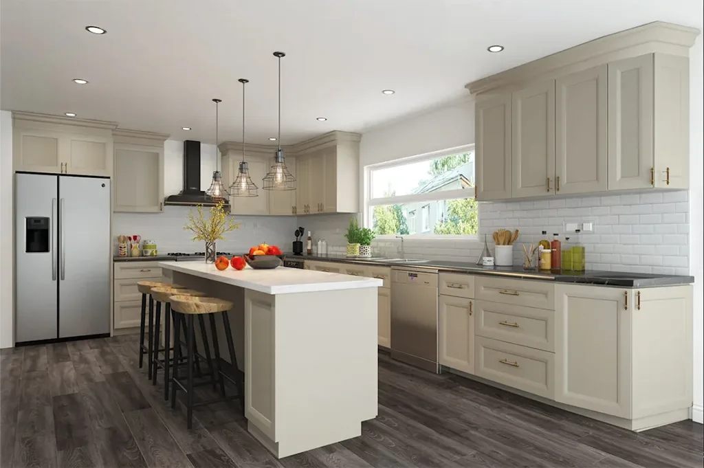 Grey stone kitchen with a custom range wall