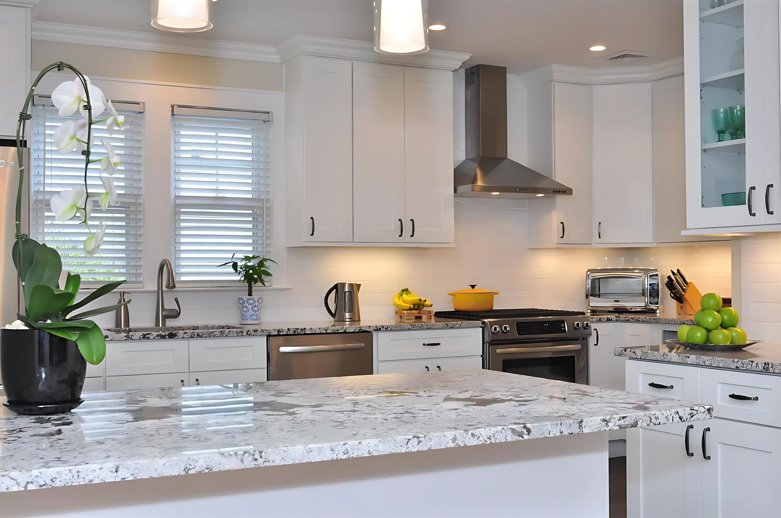 Ice White Shaker kitchen with a grey island