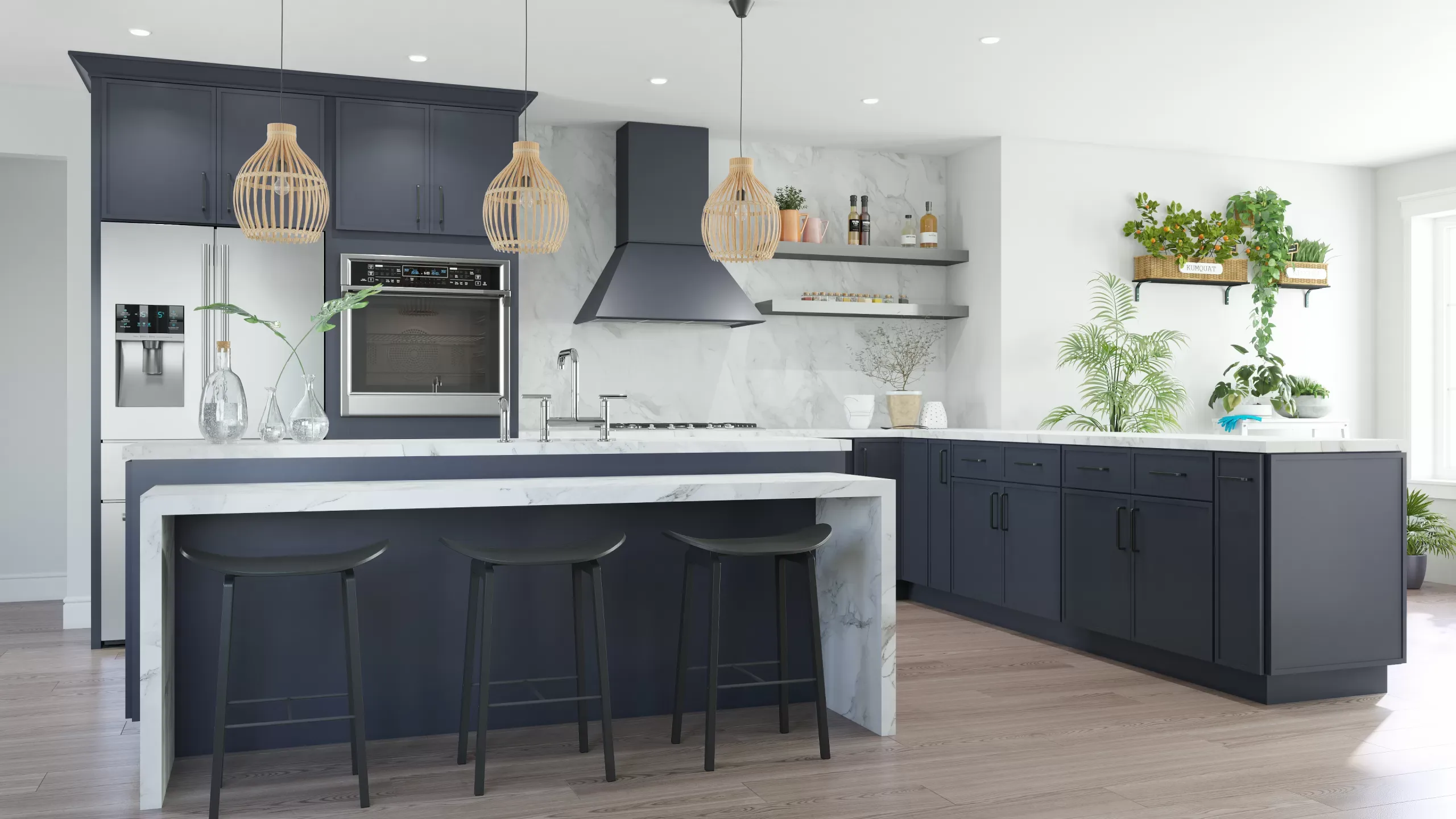 Navy blue kitchen cabinets with white countertops