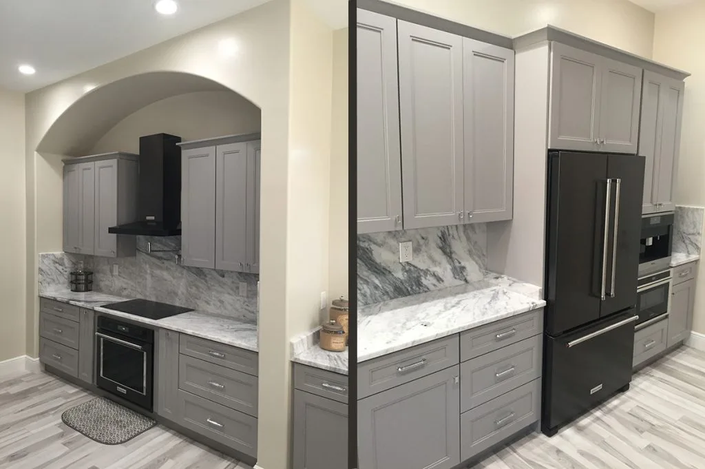 Grey Shaker kitchen with white countertops
