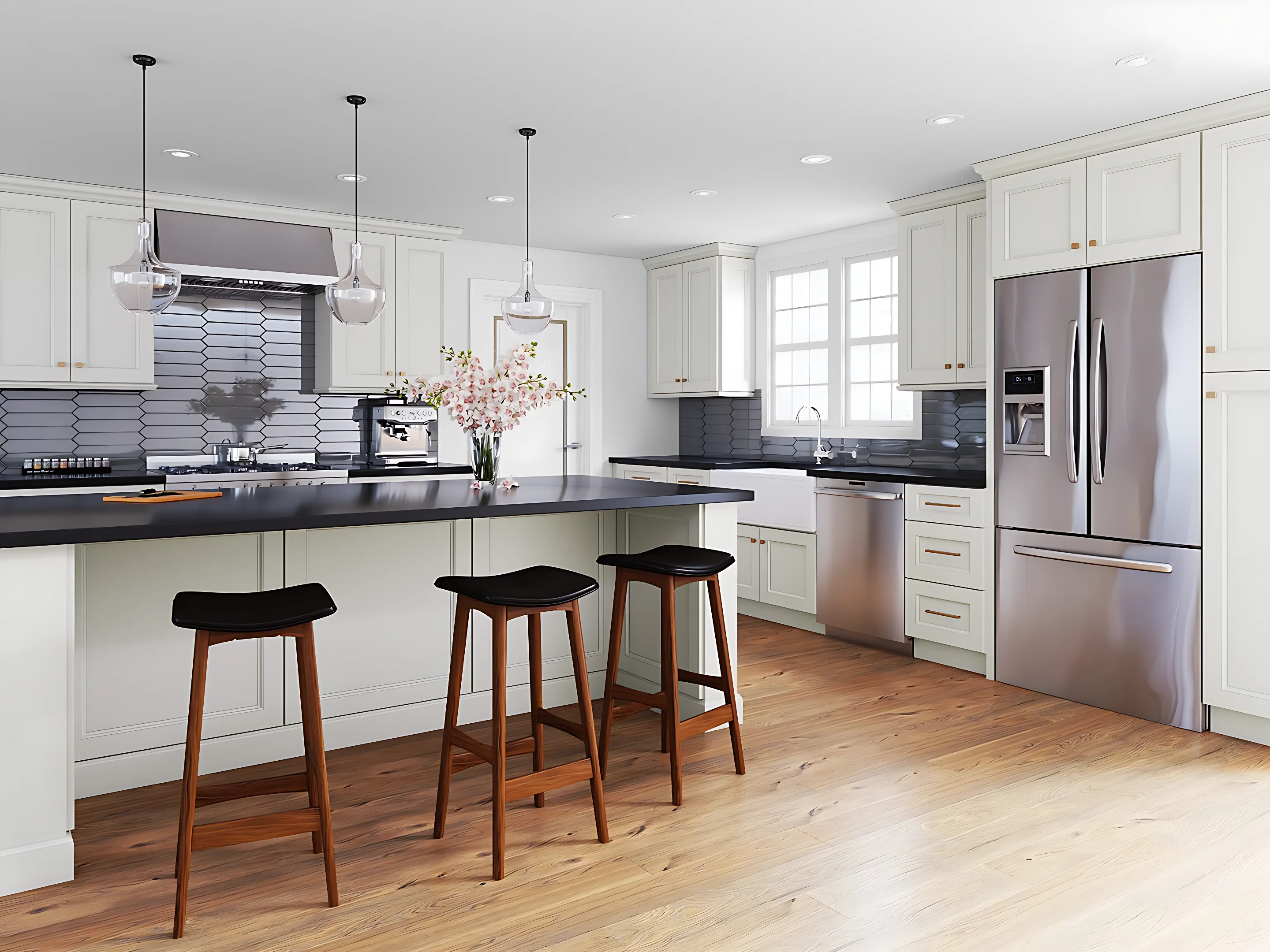 Remodeled kitchen with cream shaker cabinets and a quartz island