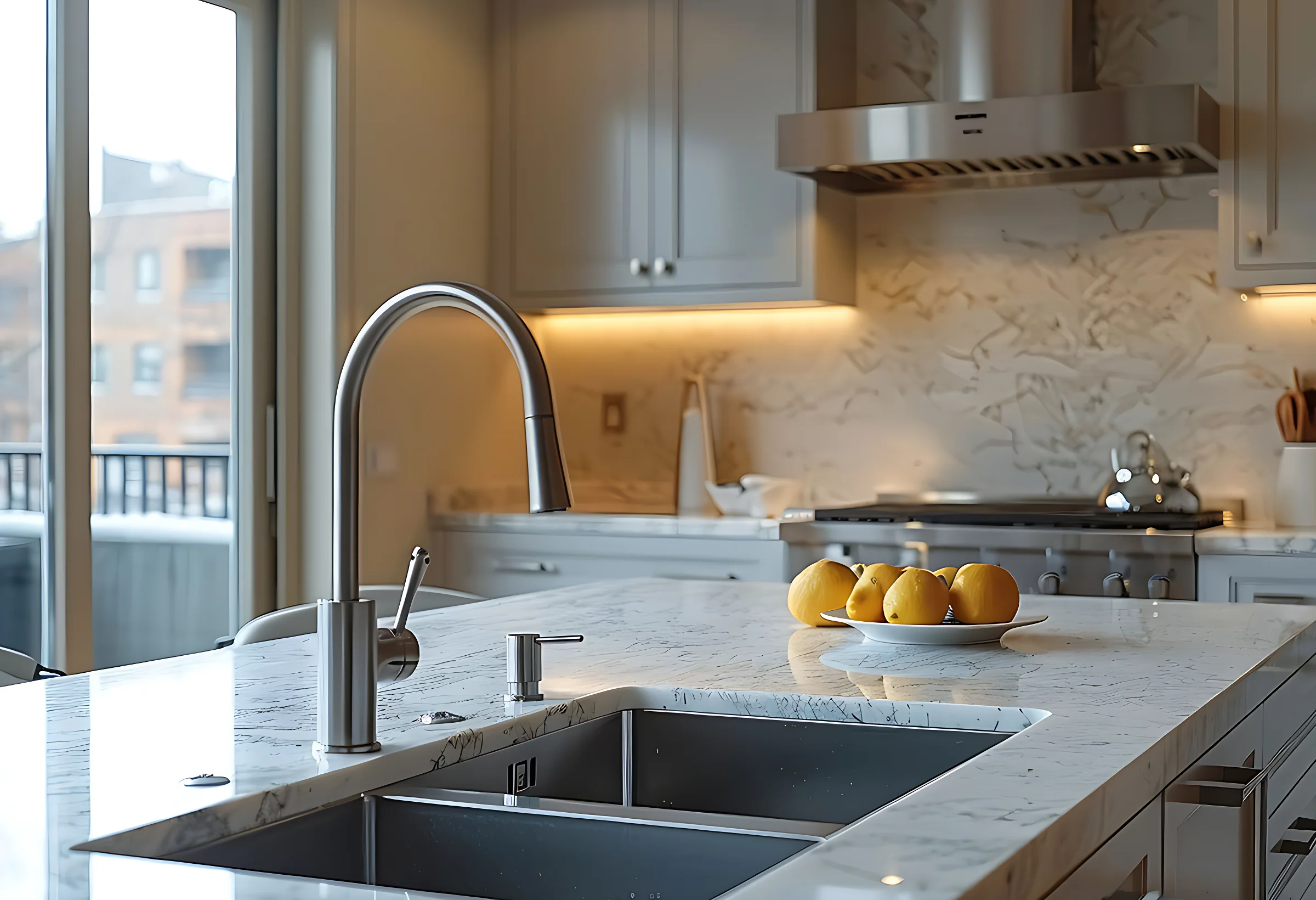 Kitchen island with a polished granite countertop
