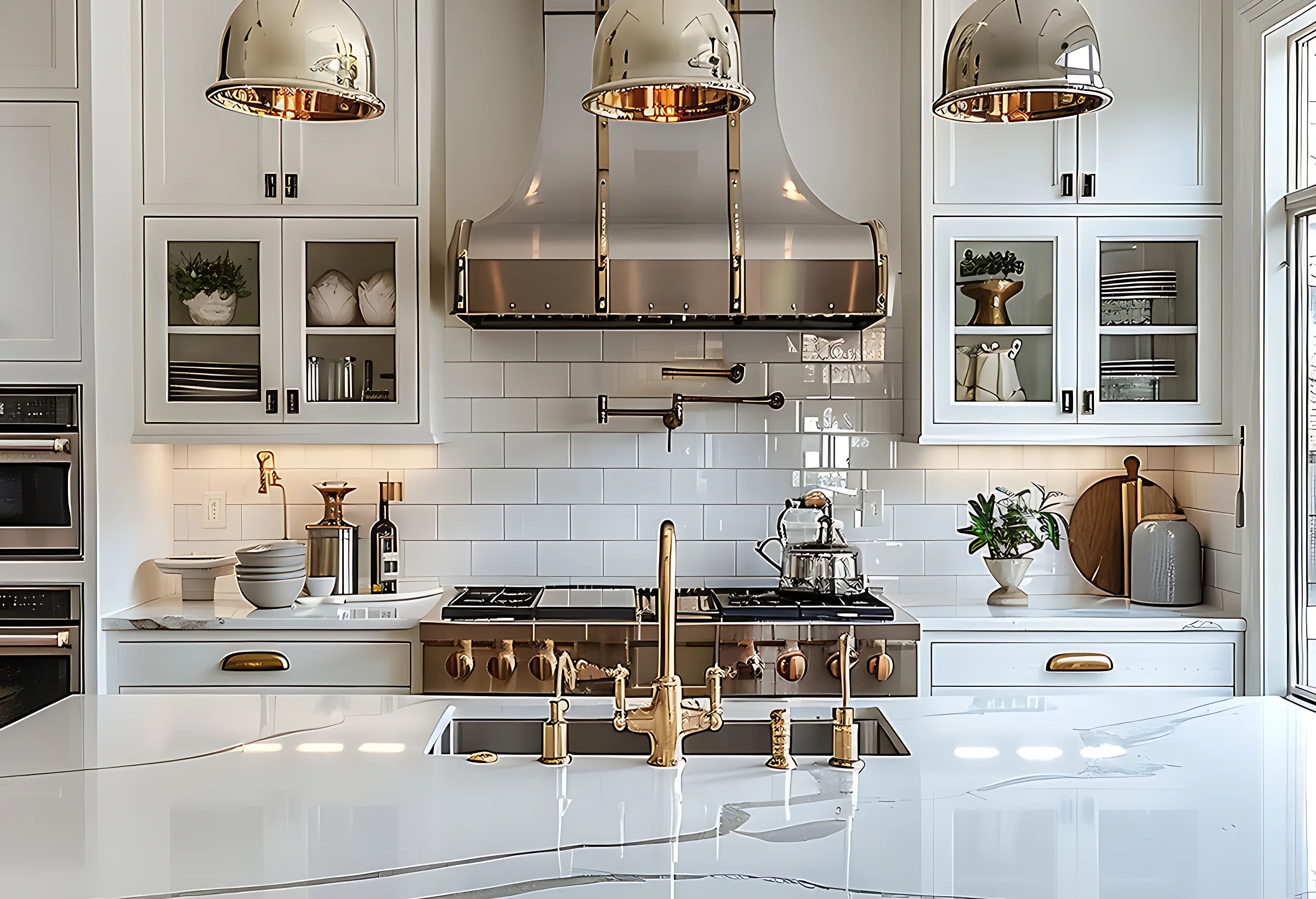White quartz countertop with grey veining
