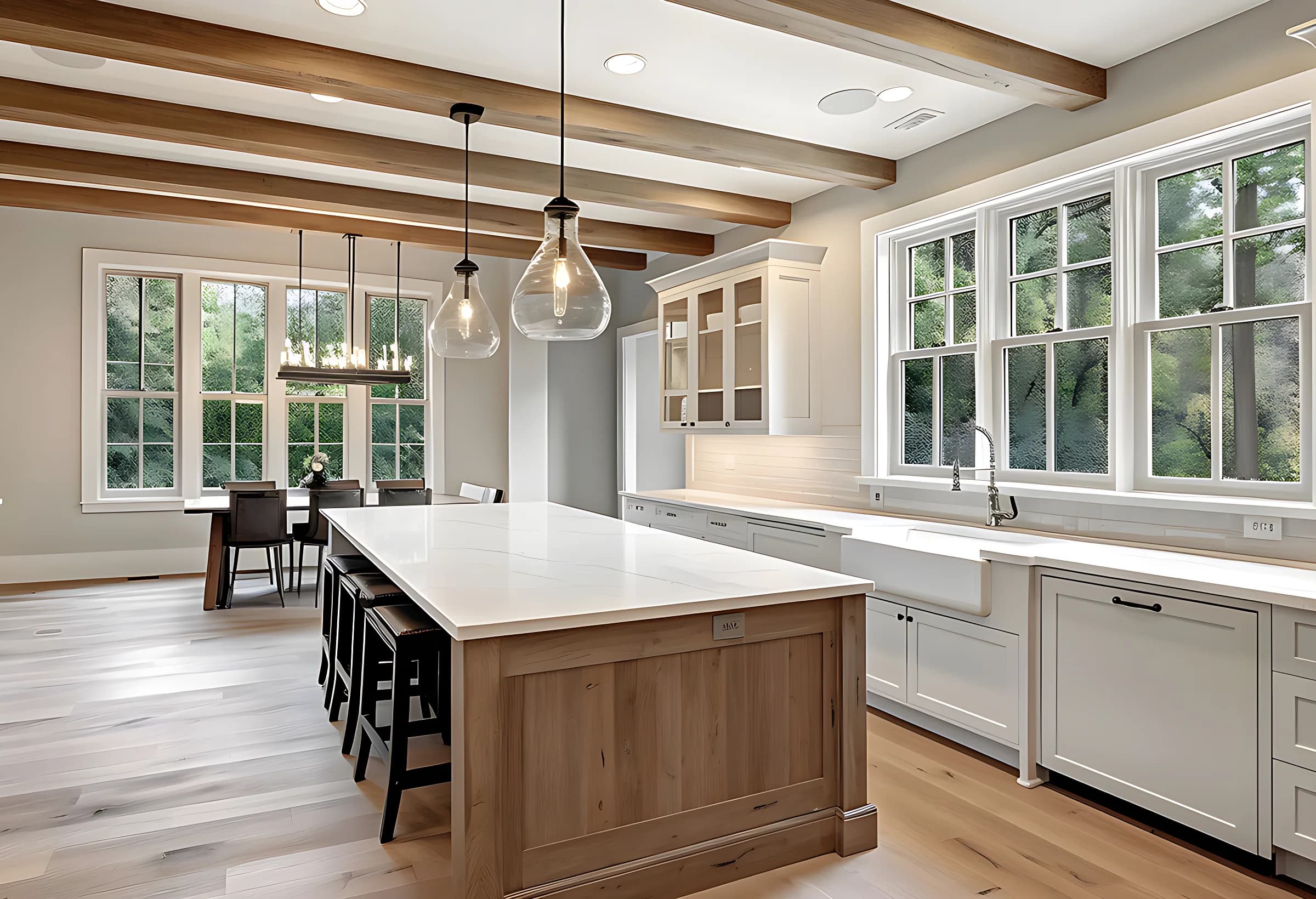Quartzite countertop with soft grey veining in a bright kitchen